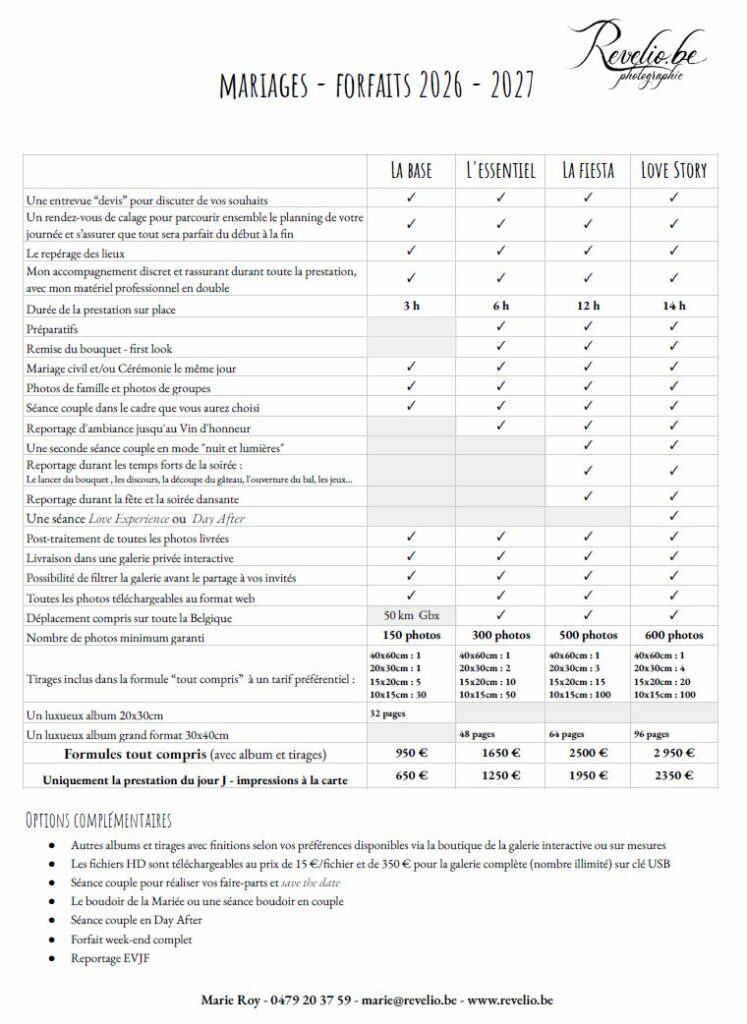 Tarifs forfaits Mariages 2026-27